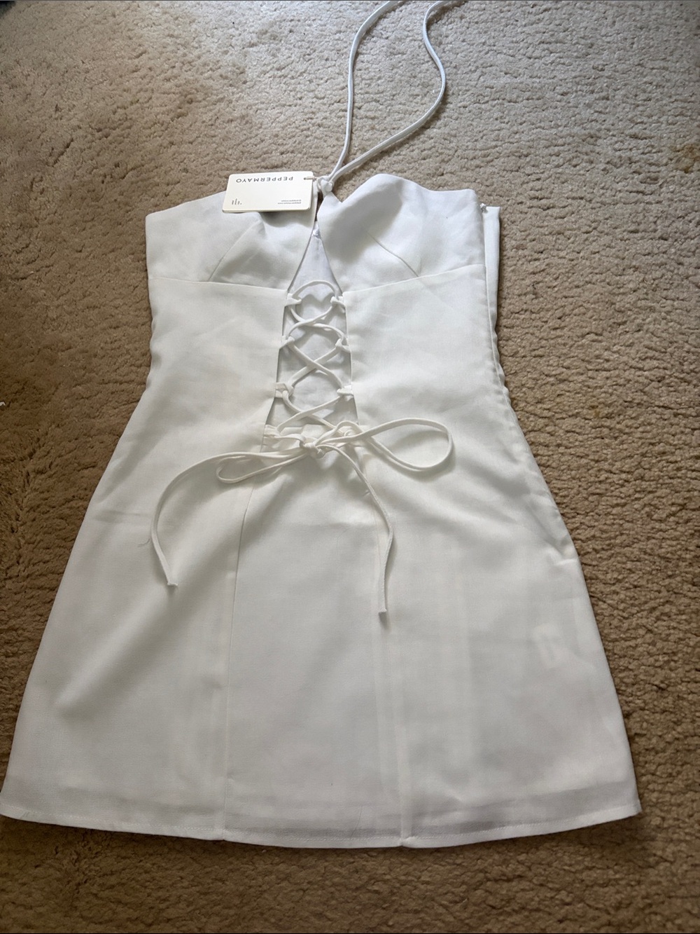 Peppermayo White Lace-Up Halter Mini Dress